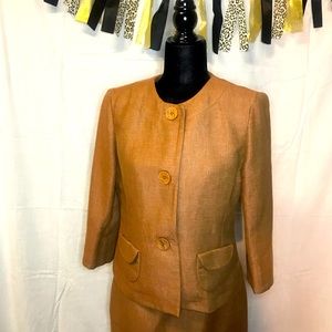 Kasper Women’s Suit Brown Linen Blend Jacket & Skirt Shoulder Pads Lined Size 6